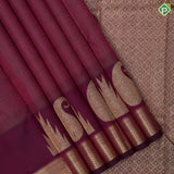 Maroon gold zari micro kattam design self gold zari big mango padded diamond border koorai silk saree