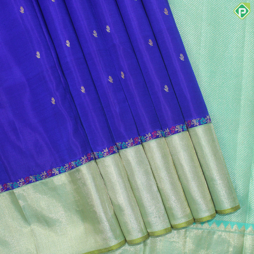 Ink Blue Gold Zari Small Motif With Olive Green Gold And Silver Zari Tissue Border Trendy Silk Saree
