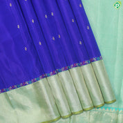 Ink Blue Gold Zari Small Motif With Olive Green Gold And Silver Zari Tissue Border Trendy Silk Saree