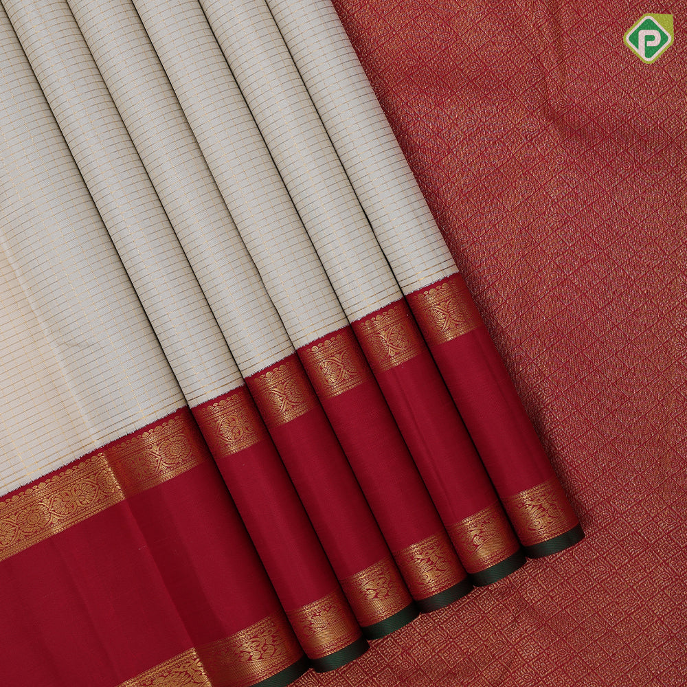 Milk white gold zari vairaoosi micro checks contrast maroon gold zari green edge padded retta pett border vintage silk saree