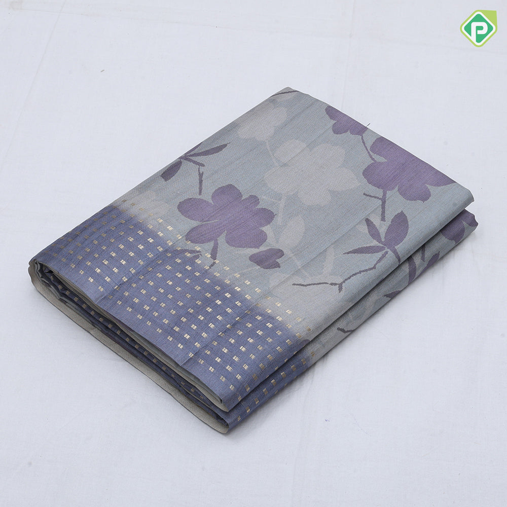 Pastel color fancy flower design self gold zari buttons border fancy border cotton saree