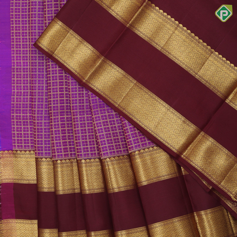 Purple gold zari Checkered design brown gold zari diamond design retta pattai border pattu paavadai lehanka
