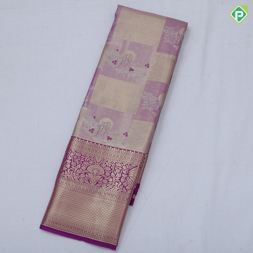 Orange base multi color double sparrow design rani pink gold zari grand border tissue art silk saree