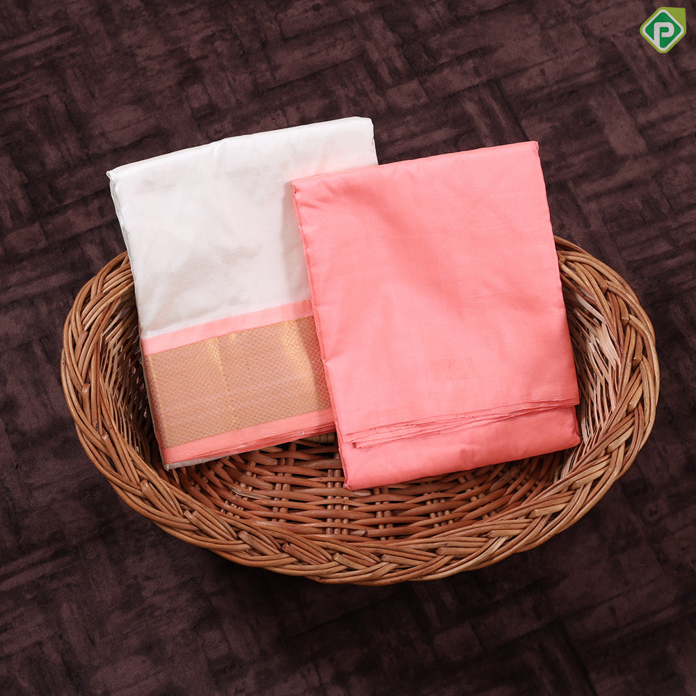 Cream White Peach Gold Zari 120 Kuligai Mayikan Border Vest Dhoti Shirt Set