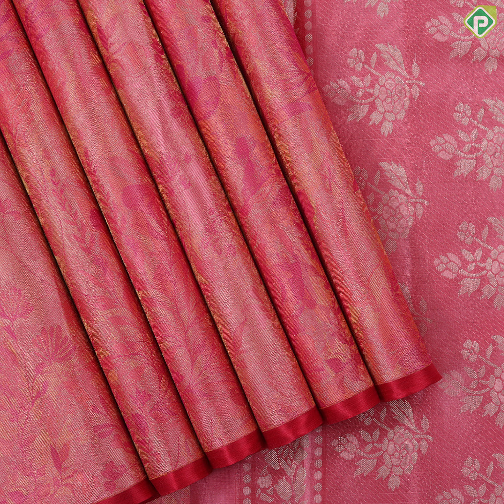 Pink self floral tissue weaved design borderless rani pink edge Trendy tissue silk saree