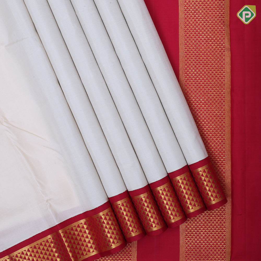 Milk white plain weaved design red gold zari mayikan border madisar 9 yards silk saree