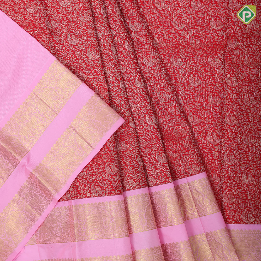 Tomato red silver gold zari grand floral design pale pink gold zari rettapattai border pattu paavadai lehanka