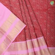Tomato red silver gold zari grand floral design pale pink gold zari rettapattai border pattu paavadai lehanka