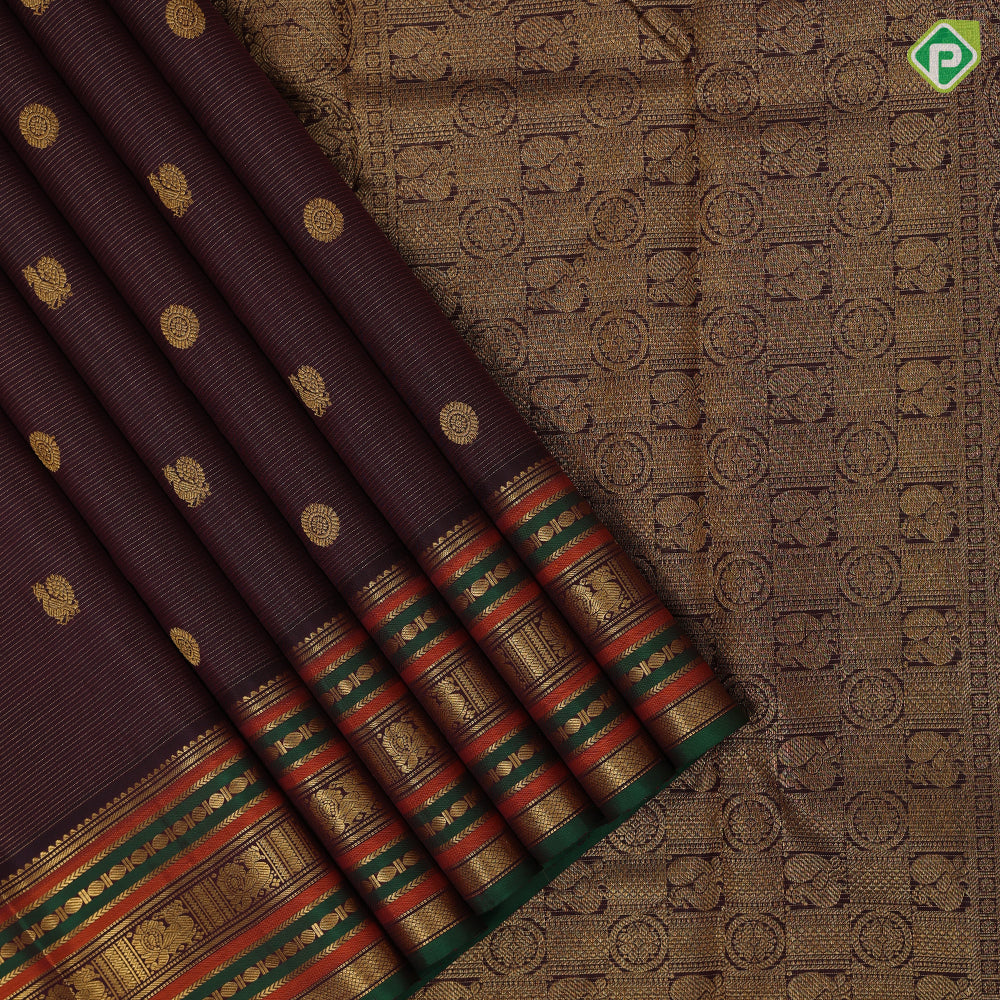 Dark claret red gold zari vairaoosi chakkaram butta motifs self gold zari multi color lines green edge border retro silk saree