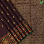 Dark claret red gold zari vairaoosi chakkaram butta motifs self gold zari multi color lines green edge border retro silk saree
