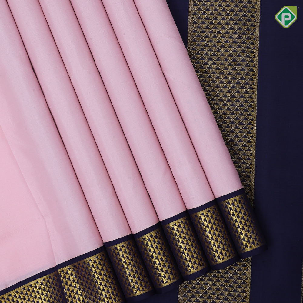 Peach pink plain weaved design indigo blue gold zari mayilkan border 10 yards madisar silk saree