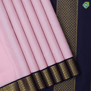 Peach pink plain weaved design indigo blue gold zari mayilkan border 10 yards madisar silk saree