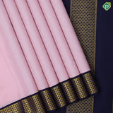 Peach pink plain weaved design indigo blue gold zari mayilkan border 10 yards madisar silk saree