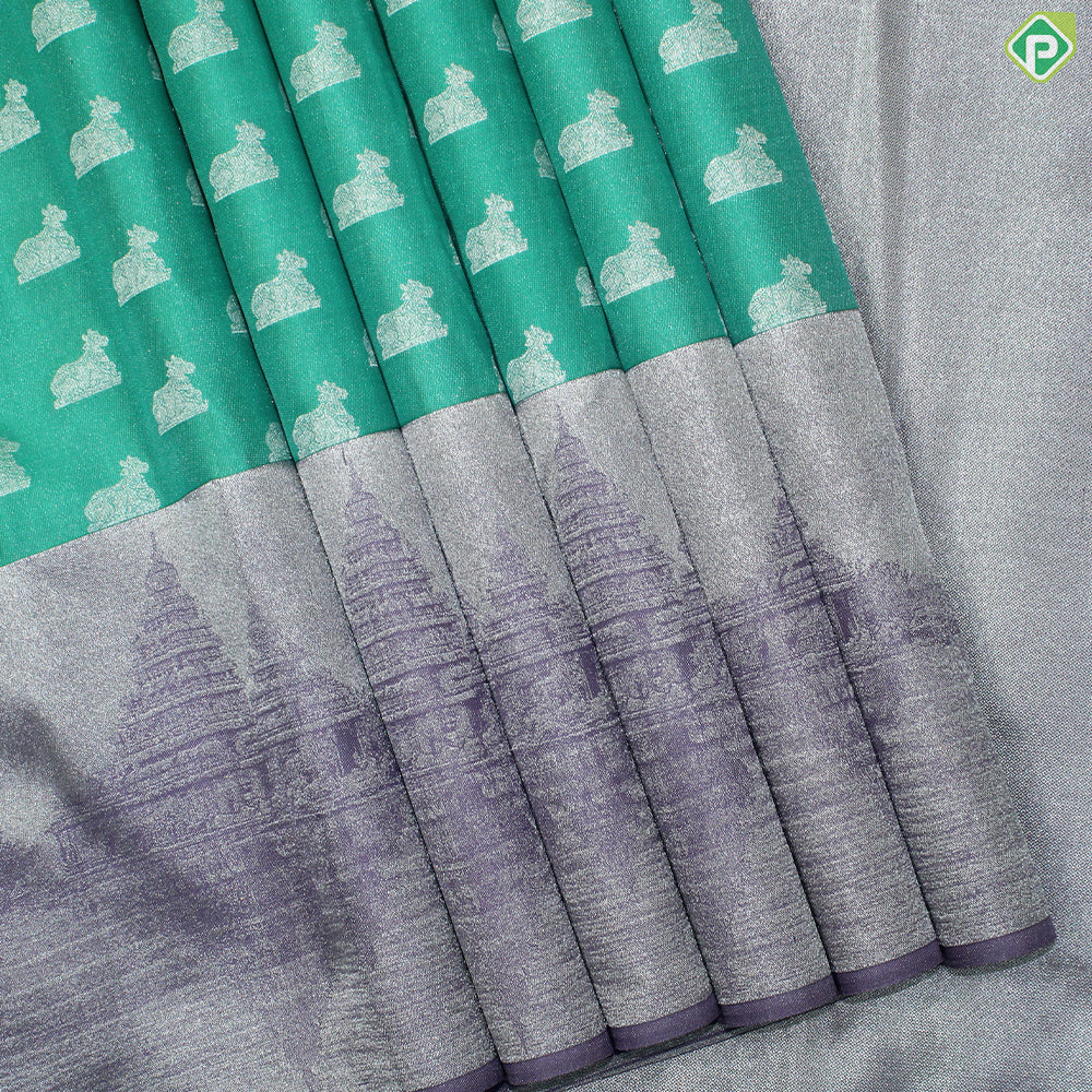 Rexsona Green Nandi Motif Silver Zari With Lavender Border Traditional Silk Saree