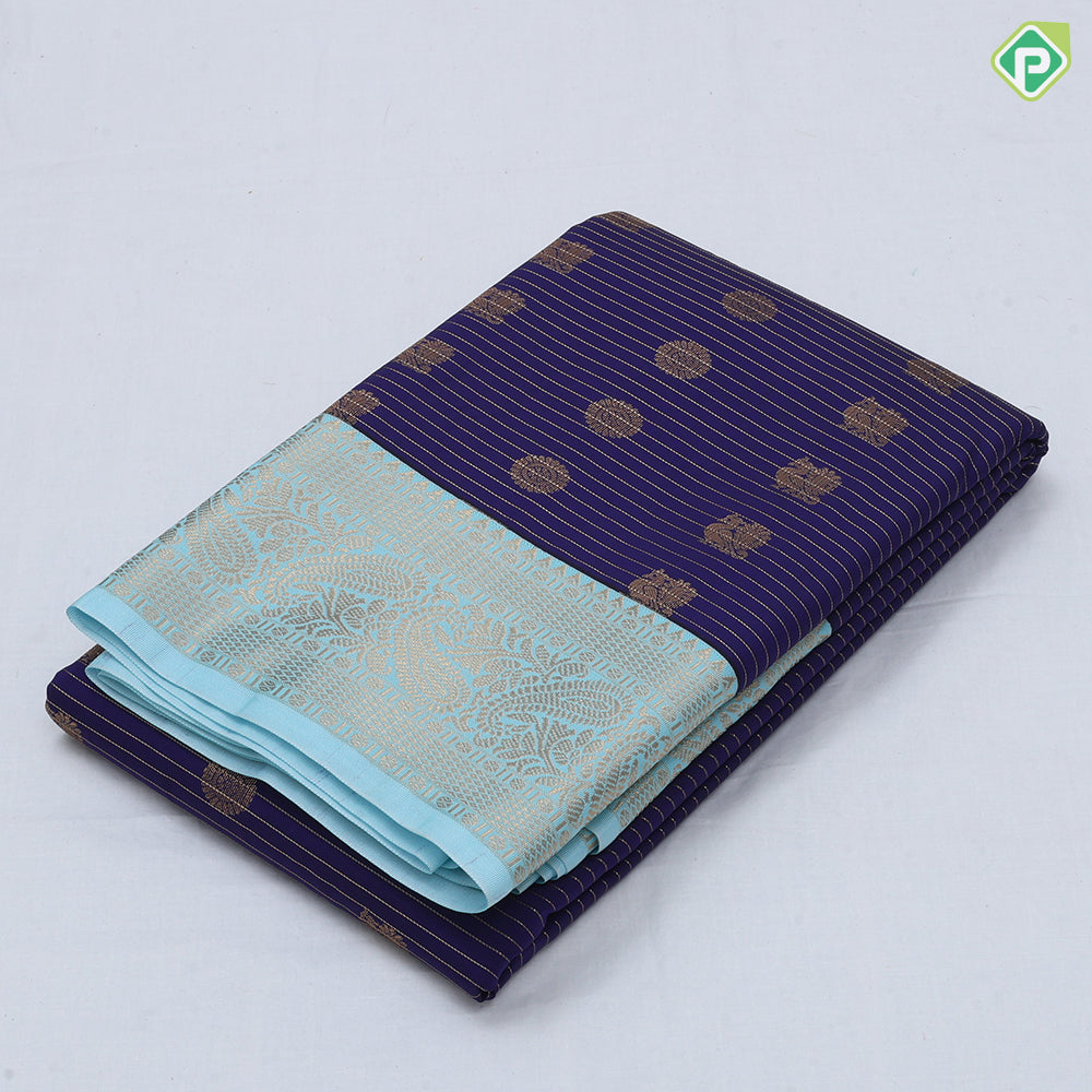 Chocolate brown gold zari peacock chakkaram butta stripes sky blue gold zari mango butta border art silk saree