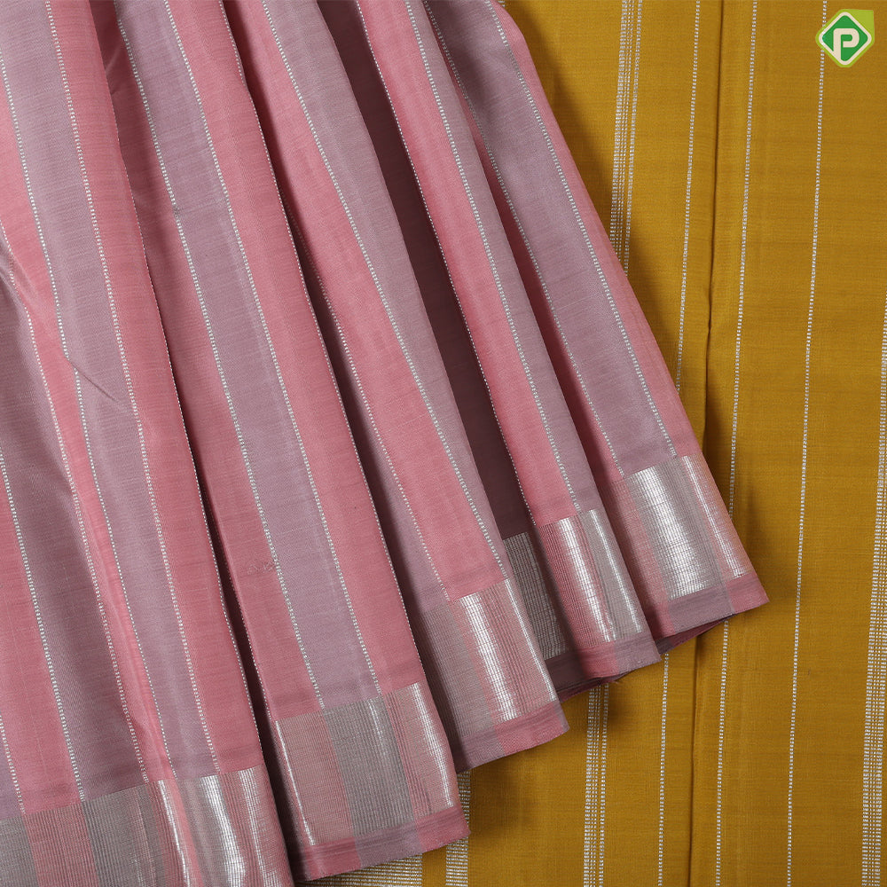 Pale Pink grey pillar stripes silver zari padded design self silver zari border trendy silk saree