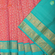 Pinkish orange silver gold zari grand floral design rexona green gold zari retta patti border pattu paavadai lehanka