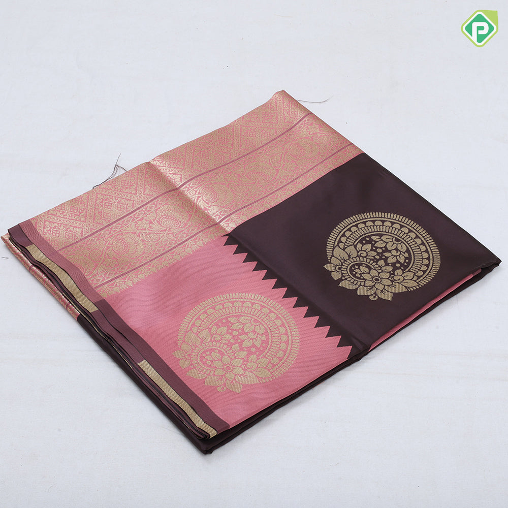coffee brown gold zari fancy flower round butta contrast zari lines border soft silk saree