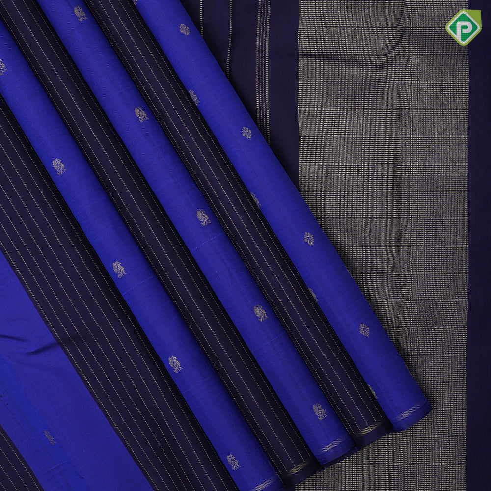 Indigo blue navy blue gold zari butta lines partly design borderless trendy designer silk saree