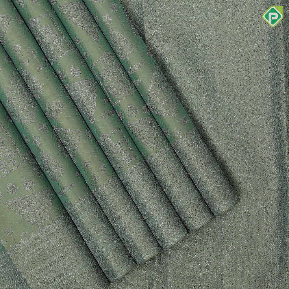 Olive Green Neem Zari Check Floral Design Self Colour Ruthracham Border Design Grand Silk Saree