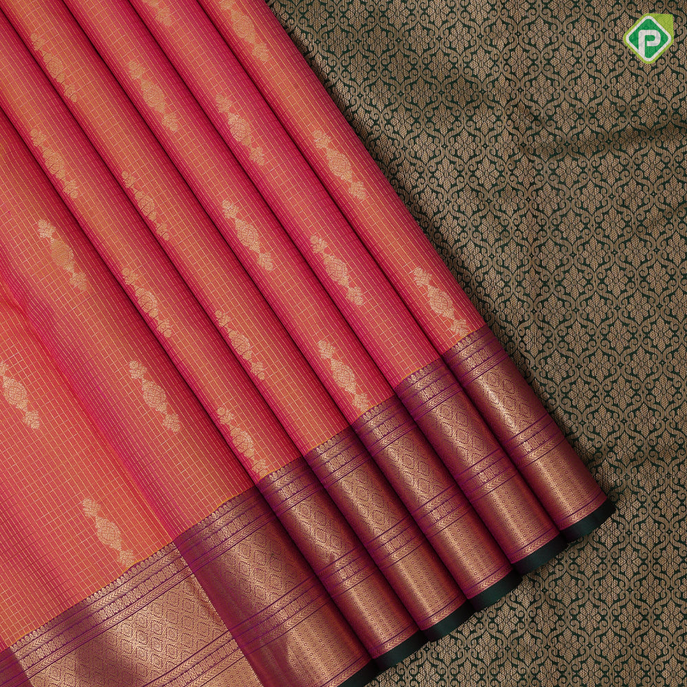 Orangish Yellow Gold Zari Vairaoosi Checks Jumki Design Purple Mayilkan Border Design Traditional Silk Saree