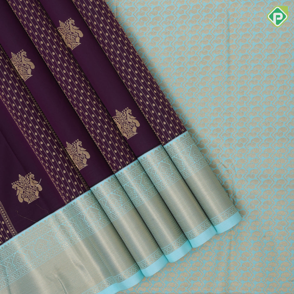 Violet gold zari peacock kalasam butta design turquoise gold zari bavanji border art silk saree