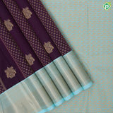 Violet gold zari peacock kalasam butta design turquoise gold zari bavanji border art silk saree