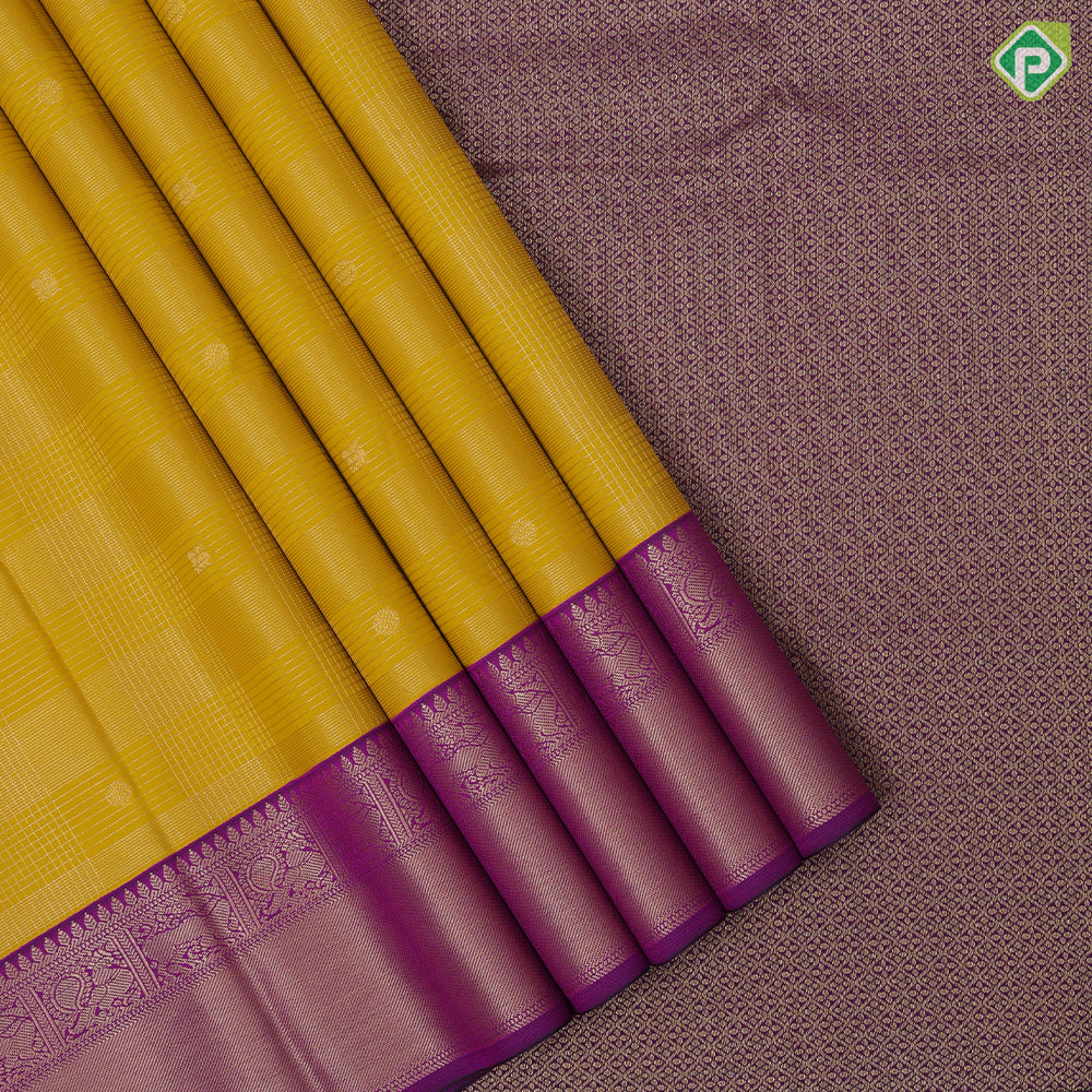 Mustard yellow gold zari vairaoosi checkered butaa purple gold zari peacock yaali border art silk saree