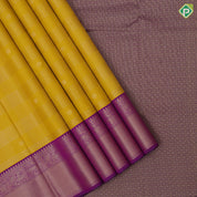 Mustard yellow gold zari vairaoosi checkered butaa purple gold zari peacock yaali border art silk saree