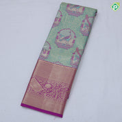 Mint green and thread work peacock in mandap design pink gold zari floral border tissue art silk saree
