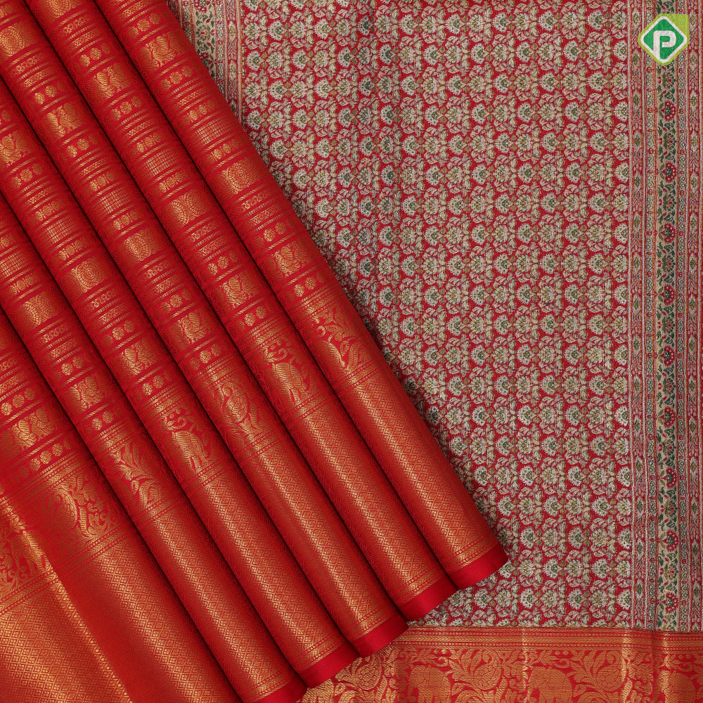 Tomato red gold zari self designed velthari design self gold zari mayikan border traditional silk saree