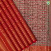 Tomato red gold zari self designed velthari design self gold zari mayikan border traditional silk saree