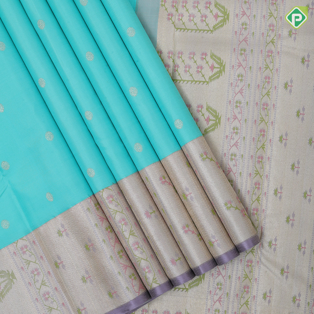 Rexona green silver gold zari rudraksham butta design lavender silver gold zari banaras style border fusion silk saree