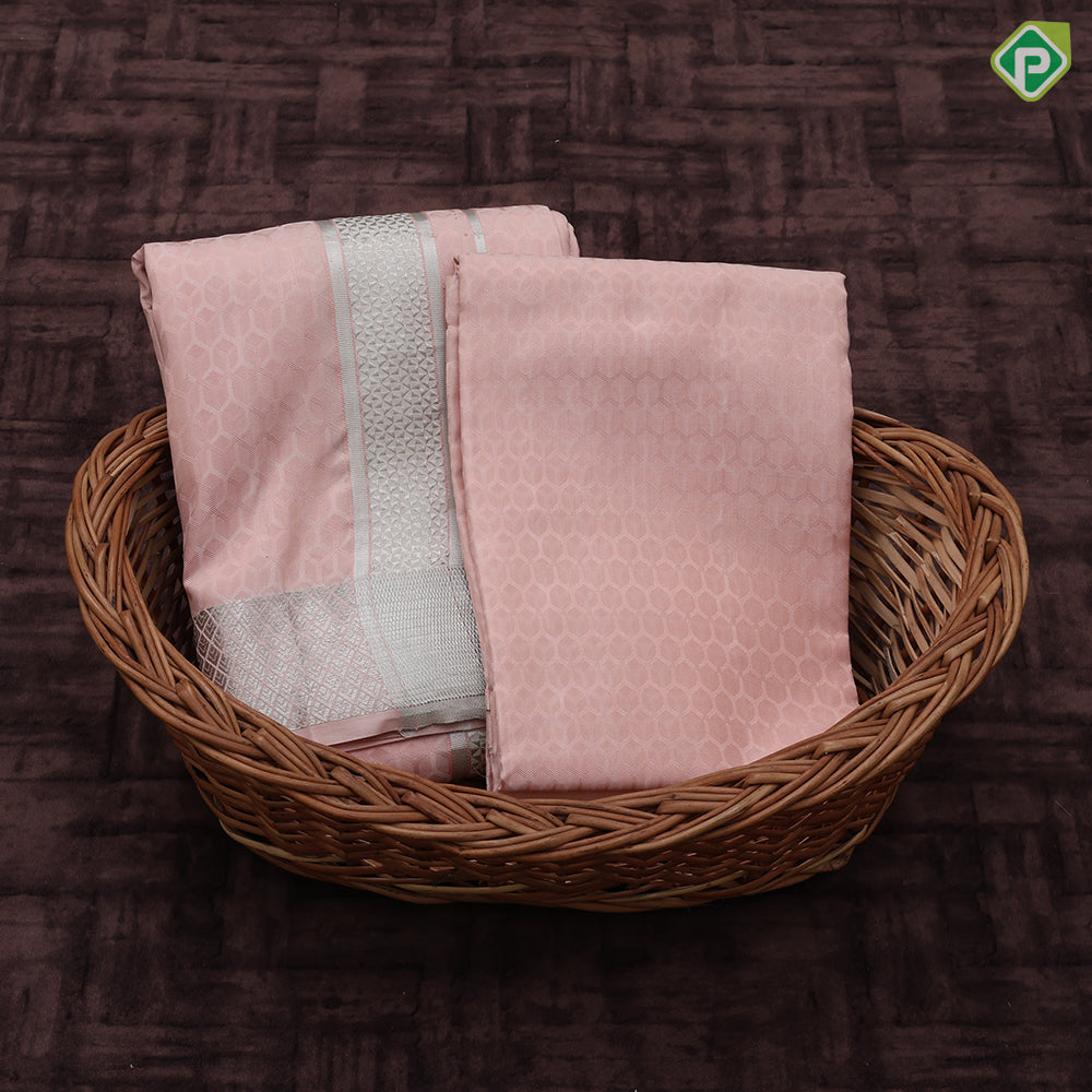 peach pink self designed weaving self silver zari border 140 kuligai 8*4 dhoti 3 in 1 Vesti set