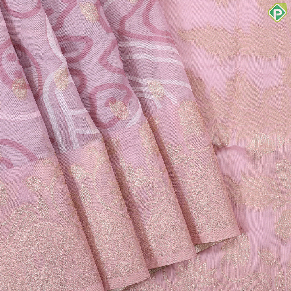 onion pink gold zari leaf and graphitic art design self gold zari floral creeper border fancy cotton saree