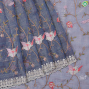 Porpoise grey tissue effect floral embroidered design edge cut work border Holly wood fancy saree