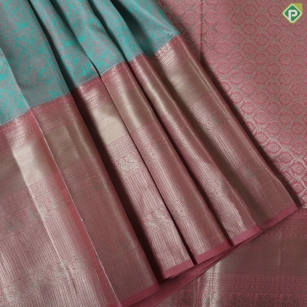 Rexona green Pink combo grand floral thread work design onion Pink gold zari high border trendy silk saree
