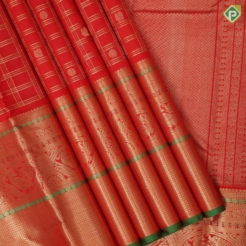 Chilly Red Gold Zari Checked Peacock Chagaram Design Self Peacock Mayilkan Border Design Traditional Silk Saree