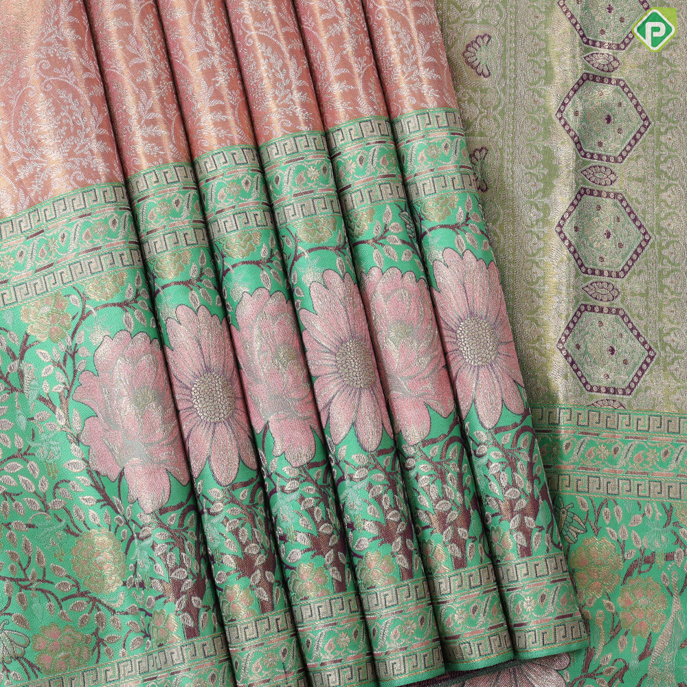 Goldish onion silver zari floral creeper design contrast parrot green border grand bridal tissue silk saree