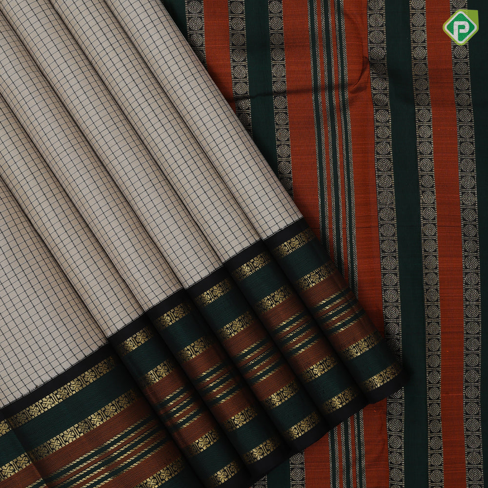 Cream White Thread Checked Design Block Colour Ruthracham Vairaoosi Lines Border Design Traditional Silk Saree