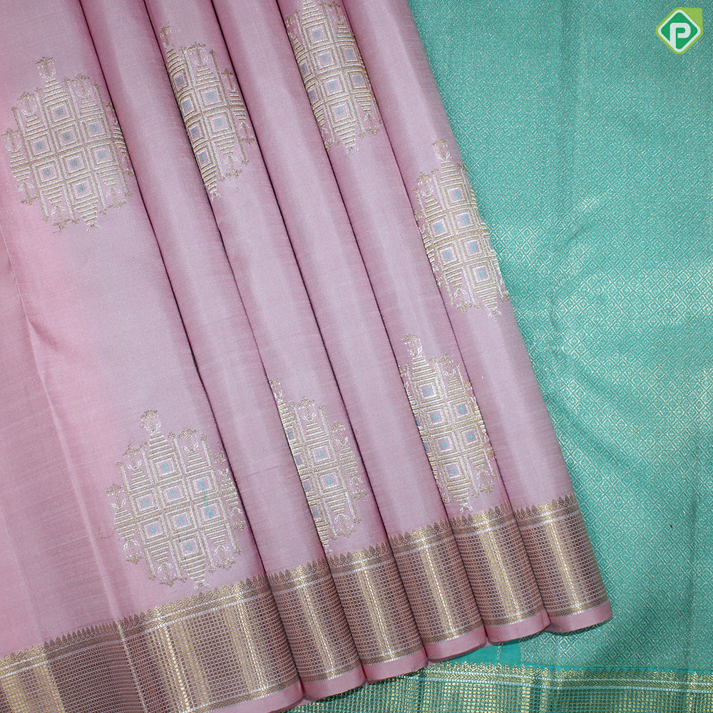 Peach Pink Gold Zari Motif With Mayilkan Design Gold And Silver Traditional Silk Saree