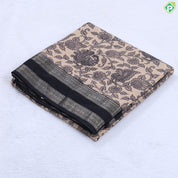 beige with black kalamkari design contrast black gold zari rettapet border fancy cotton saree