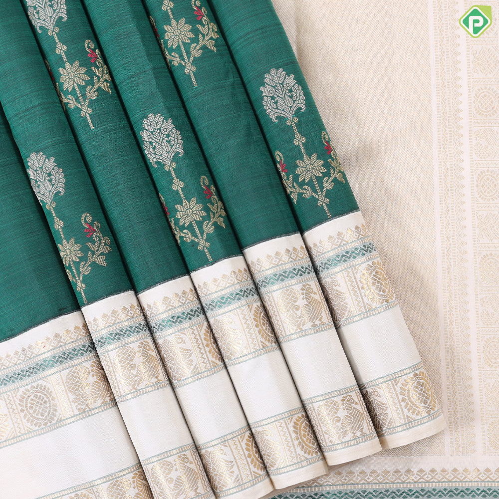 Bottle Green Gold Zari Big Flower Butta Design Contrast Cream White Rettapet Border Traditional Silk saree