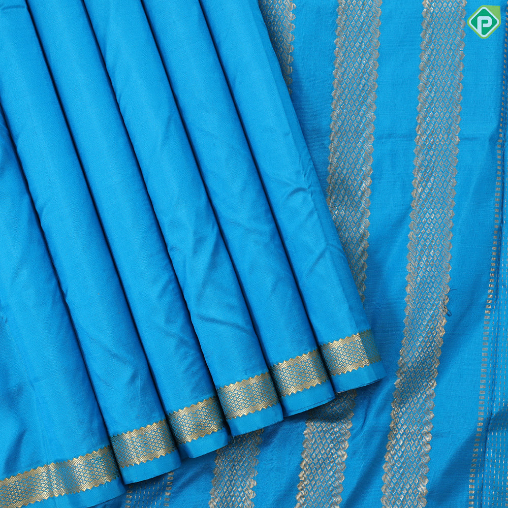 Peacock blue plain weaved self gold zari Edge border madisar 9 yards silk saree