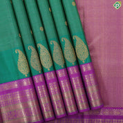 Spanish Green gold vairaoosi rudraksham butta design purple gold zari mango padded border traditional silk saree