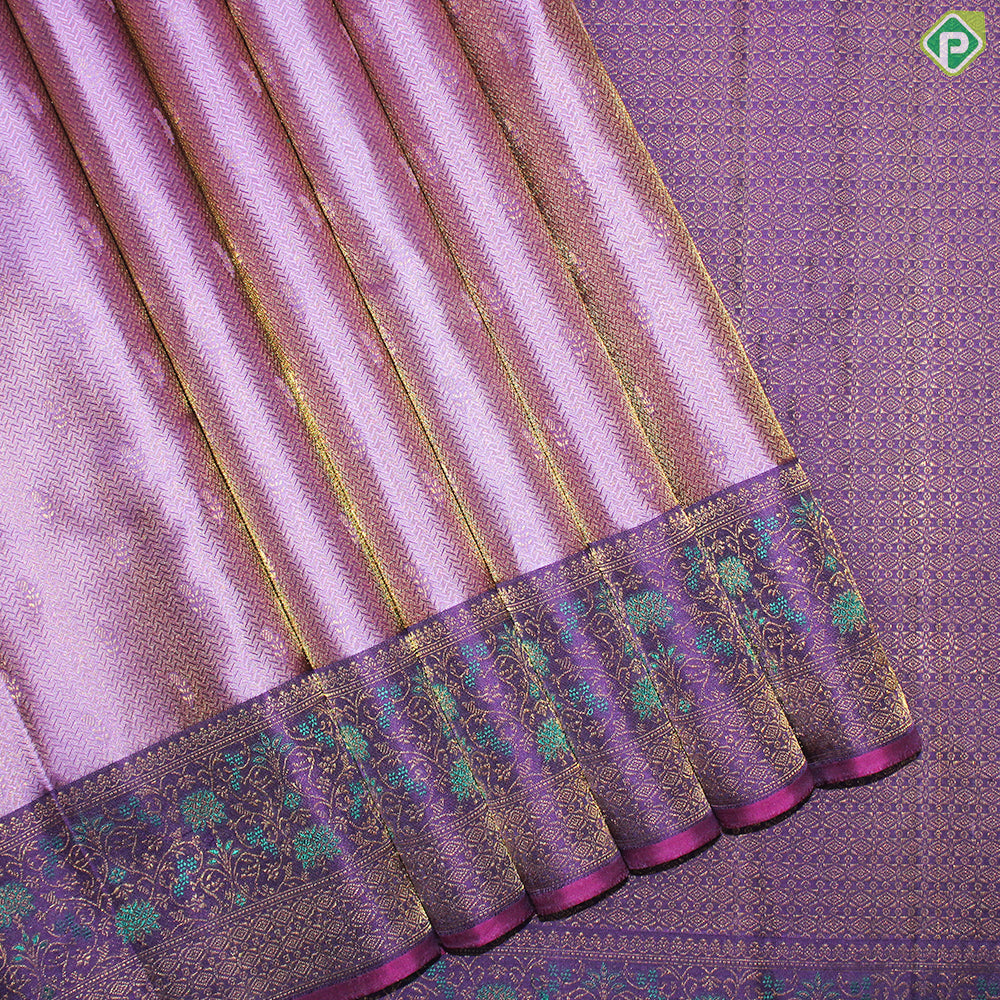 Rose Pink Gold Zari Zig-Zag and Floral Design With Purple Color Meena Work Border Traditional Silk Saree