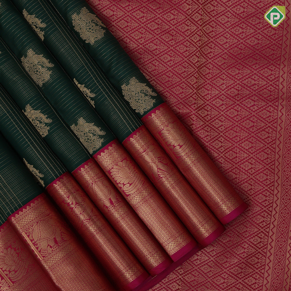 Bottle green gold zari checks flower motif design dark pink peacock elephant border design traditional silk saree