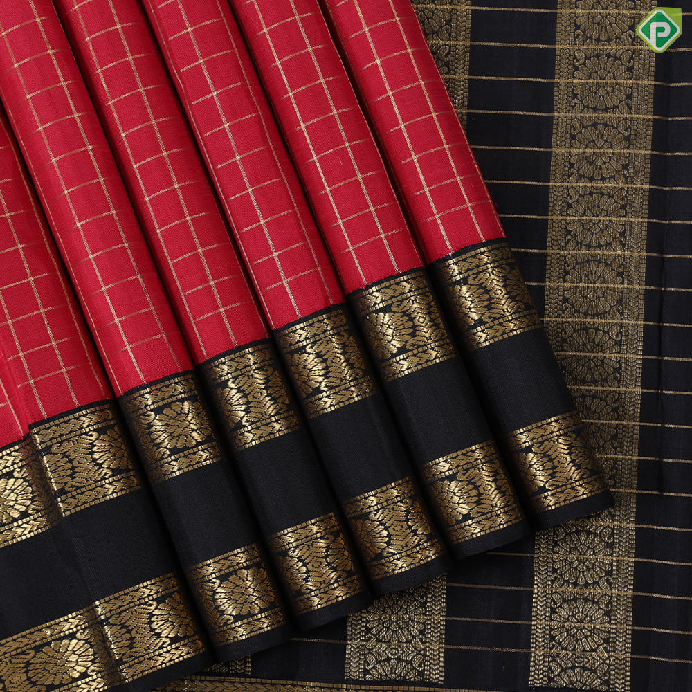 Maroon Red with gold zari checkered(Kattam) Luxury black rettapet border retro traditional silk saree