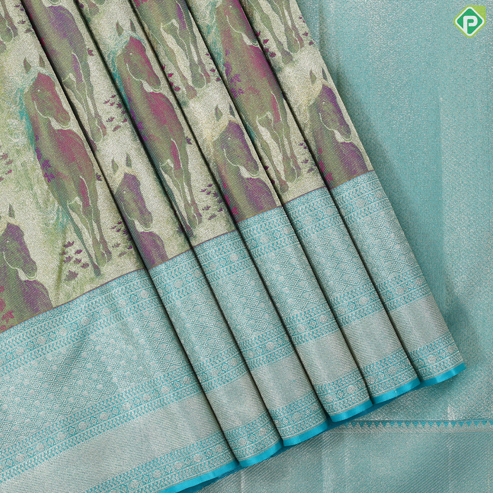 parrot green horse garden painting inspired tissue contrast sea blue silver gold zari diamond border trendy silk saree