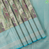 parrot green horse garden painting inspired tissue contrast sea blue silver gold zari diamond border trendy silk saree